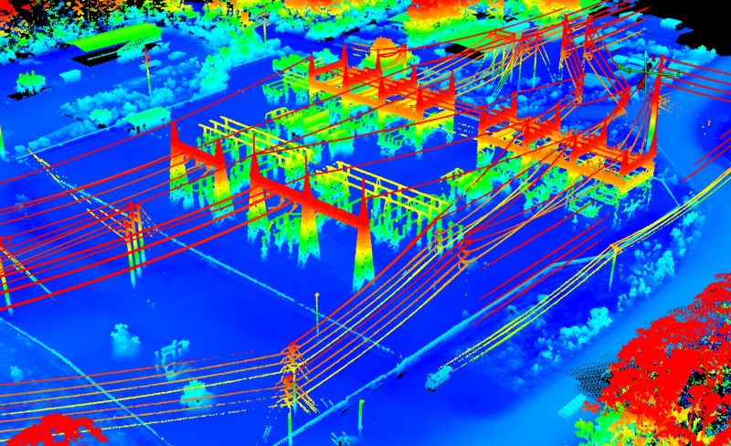Colorful LiDAR point cloud of an electrical substation showing towers, equipment and wires